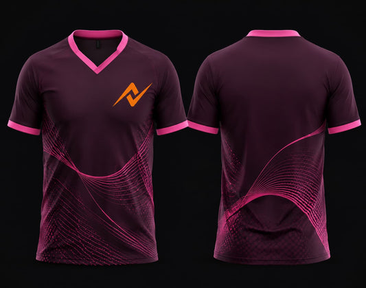 Maroon and pink V-neck cricket jersey with modern wave sublimation design shown from front and back with blank back.