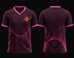 Maroon and pink V-neck cricket jersey with modern wave sublimation design shown from front and back with blank back.