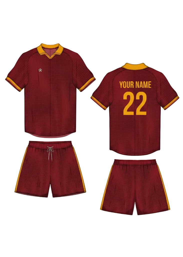 Maroon and yellow collar sports jersey with matching shorts front and back view custom football cricket and training team uniform