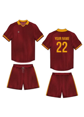Maroon and yellow collar sports jersey with matching shorts front and back view custom football cricket and training team uniform