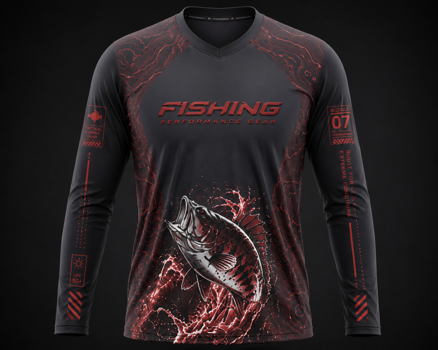 Men wearing black and red tactical fishing performance shirt with fish graphic and UPF 50 UV protection