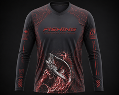 Men wearing black and red tactical fishing performance shirt with fish graphic and UPF 50 UV protection