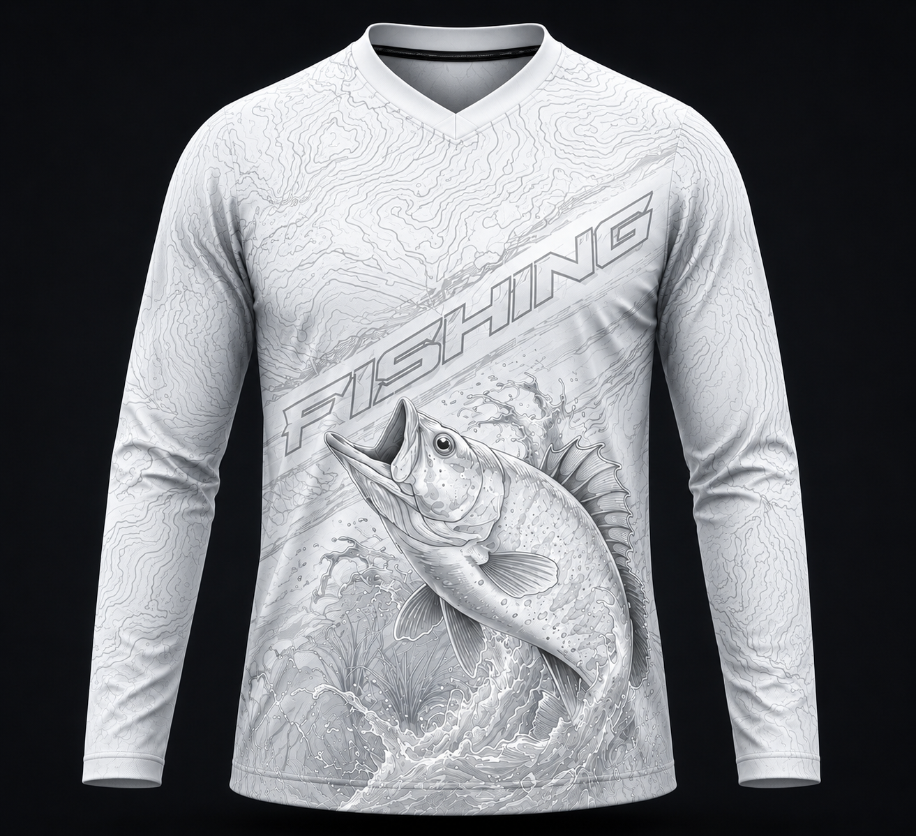 Men’s black tactical fishing performance shirt with topographic contour pattern and dynamic fish artwork, UV 50+ long sleeve angler jersey.