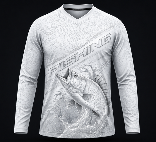 Men’s black tactical fishing performance shirt with topographic contour pattern and dynamic fish artwork, UV 50+ long sleeve angler jersey.