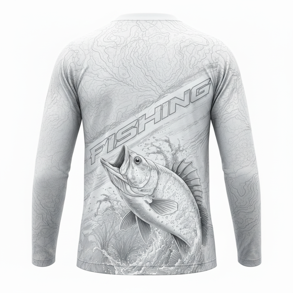 Men’s Tactical Fishing Shirt – UV 50+ Long Sleeve Performance Jersey with Topographic Fish Artwork