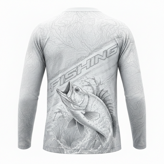 Men’s Tactical Fishing Shirt – UV 50+ Long Sleeve Performance Jersey with Topographic Fish Artwork