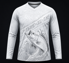 Men’s black tactical fishing performance shirt with topographic contour pattern and dynamic fish artwork, UV 50+ long sleeve angler jersey.