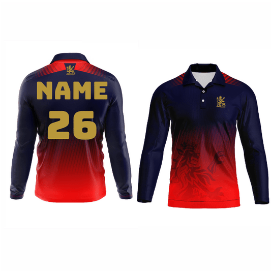 Front and back view of a navy and crimson custom full sleeve polo cricket jersey with personalized player name and jersey number.