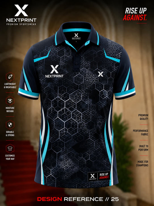 Black polo cricket jersey featuring a modern hexagon pattern with cyan accents and premium dry-fit performance fabric.