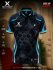 Black polo cricket jersey featuring a modern hexagon pattern with cyan accents and premium dry-fit performance fabric.