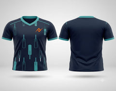 Front and back view of a midnight navy V-neck cricket jersey featuring aqua cricket bat graphics, aqua sleeve trims, and a clean customizable back.