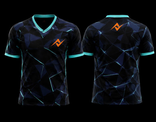 Front and back view of a black and cyan V-neck esports jersey featuring a futuristic polygon crystal pattern with custom logo placement.