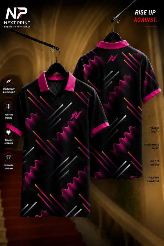 Black polo sports jersey with vibrant magenta wave graphics and diagonal stripe accents shown in front and back views, made from premium dry-fit fabric.