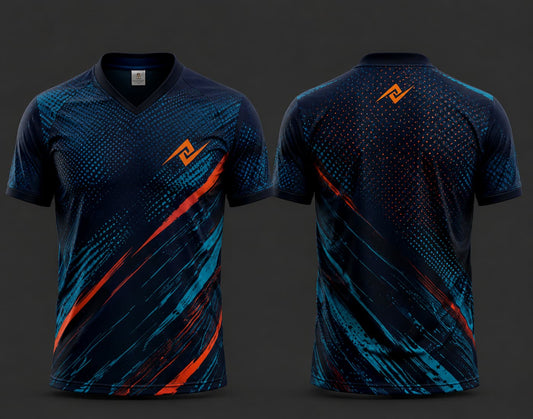 Front and back view of a navy blue V-neck cricket jersey featuring cyan and orange dynamic streak graphics with an orange chest logo and matching back neck logo.