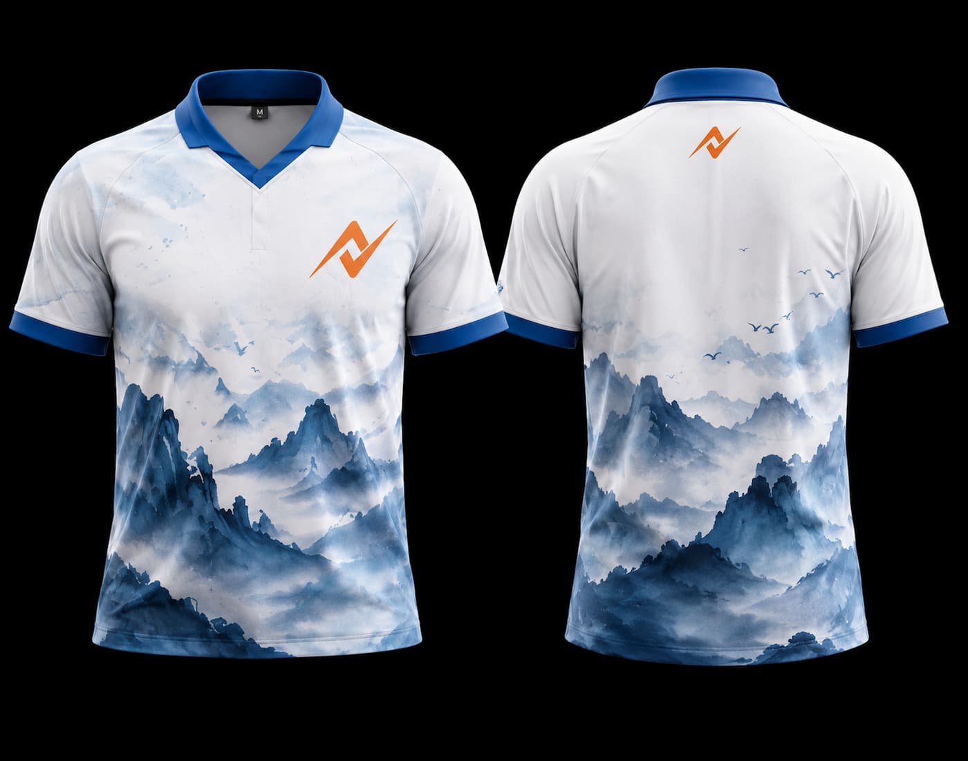 Front and back view of a white and blue Misty Peaks K-Pop jersey featuring watercolor mountain artwork with chest logo and back neck logo.