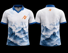 Front and back view of a white and blue Misty Peaks K-Pop jersey featuring watercolor mountain artwork with chest logo and back neck logo.