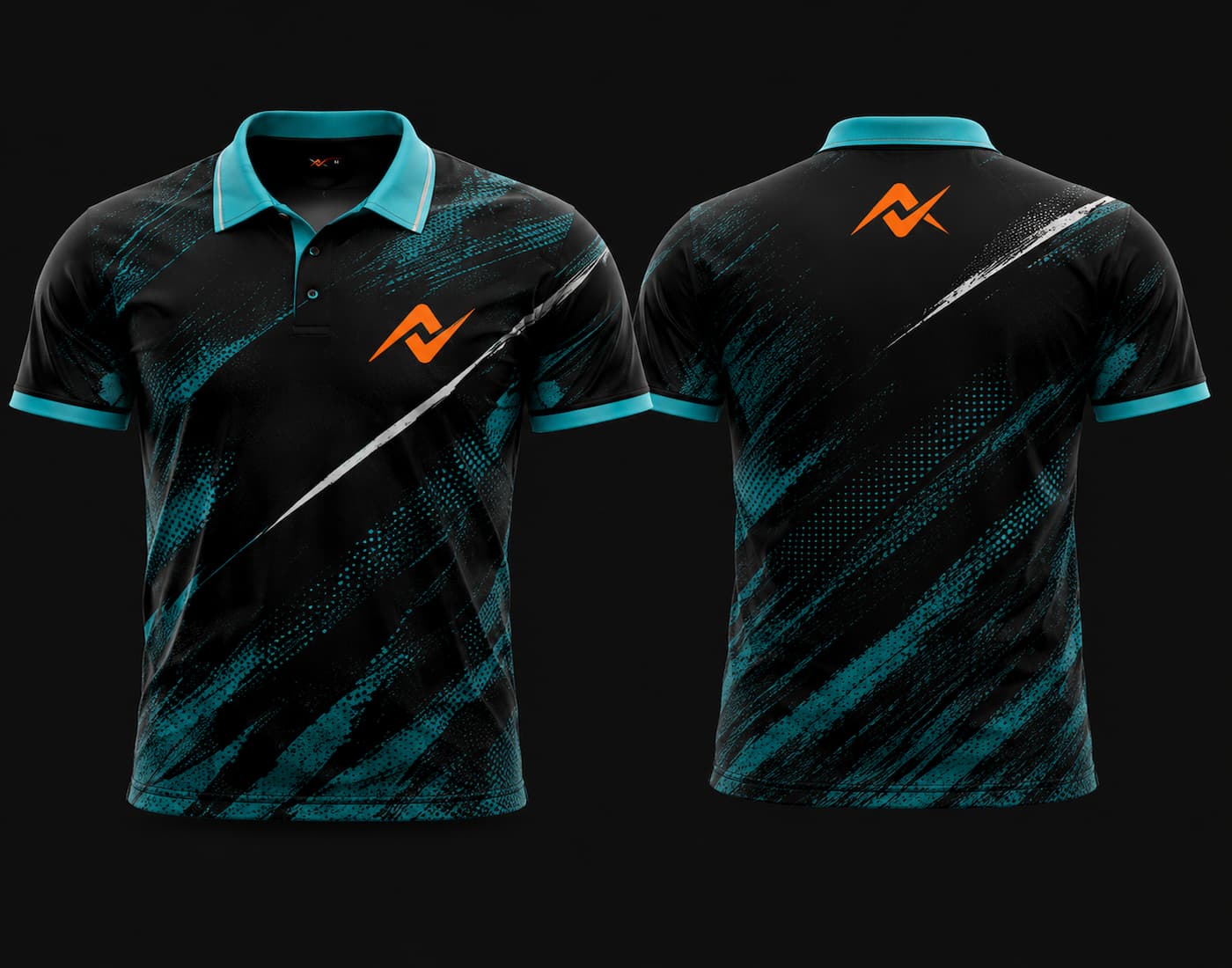 Front and back view of a black and aqua blue Mobile Legends polo collar esports jersey featuring dynamic brush-stroke graphics with an orange logo on the left chest and upper back.