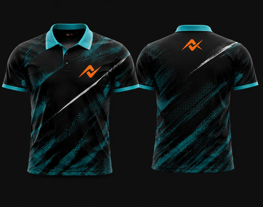 Front and back view of a black and aqua blue Mobile Legends polo collar esports jersey featuring dynamic brush-stroke graphics with an orange logo on the left chest and upper back.