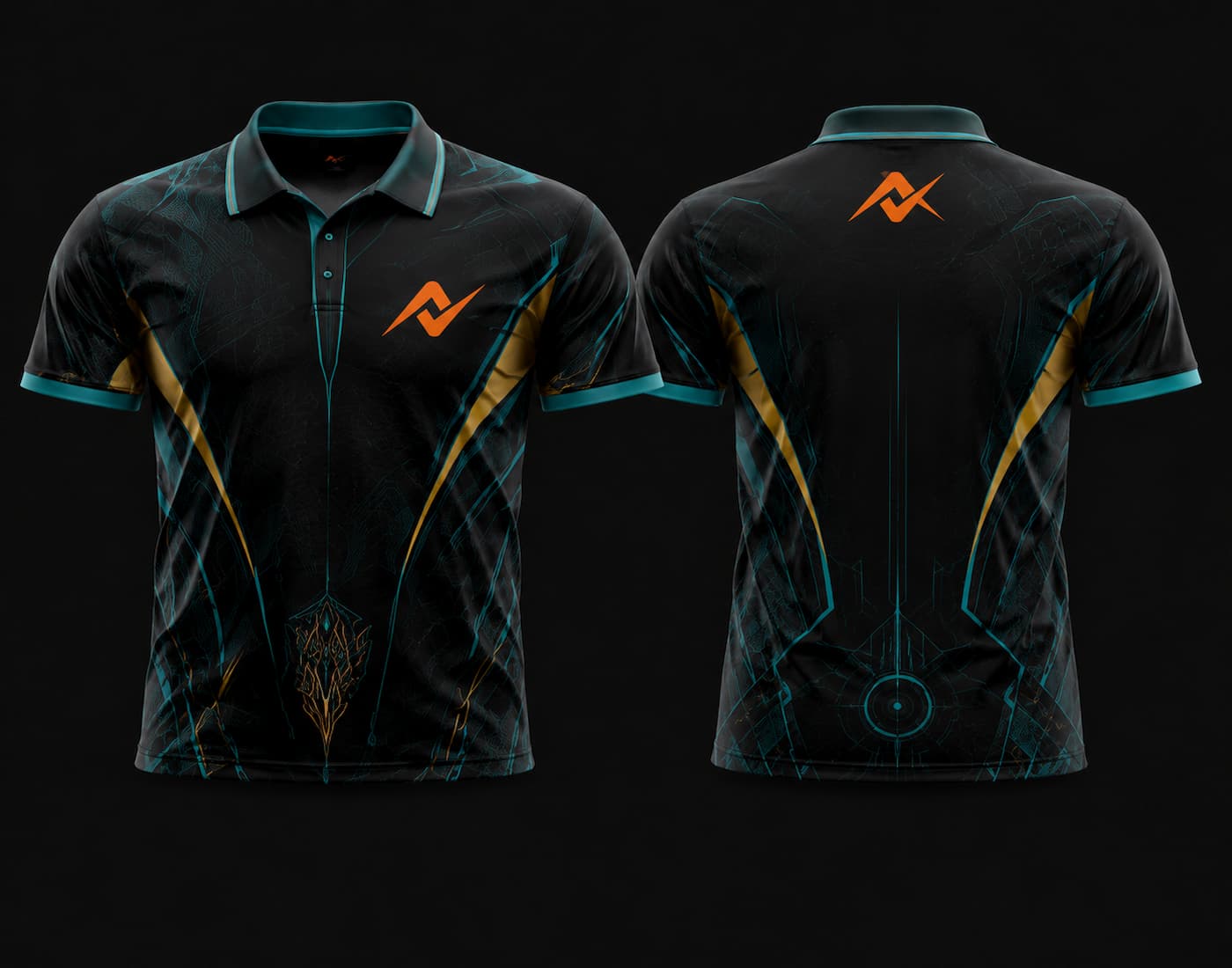 Front and back view of a black Mobile Legends polo collar esports jersey featuring teal cyber graphics, gold accents, and an orange team logo on the chest and upper back.