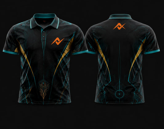 Front and back view of a black Mobile Legends polo collar esports jersey featuring teal cyber graphics, gold accents, and an orange team logo on the chest and upper back.