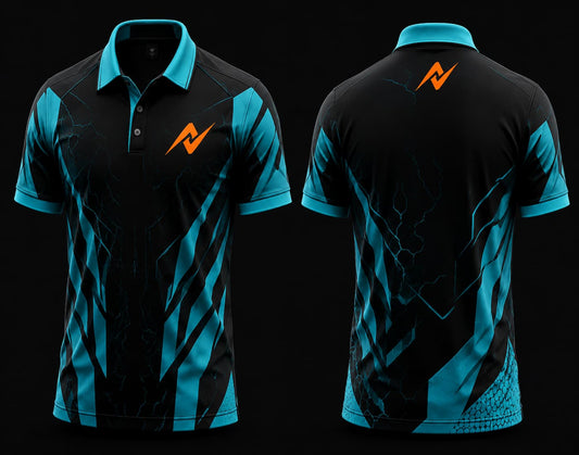 Front and back view of a black and cyan Mobile Legends polo collar esports jersey featuring an orange team logo on the left chest and below the back collar with futuristic lightning-inspired graphics.