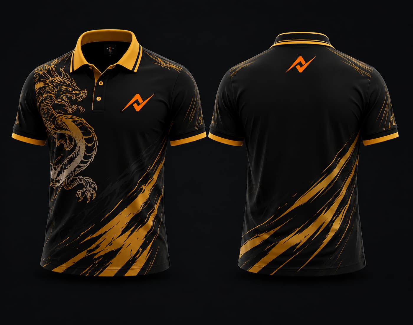 Front and back view of a black and gold Mobile Legends polo collar esports jersey featuring a gold dragon graphic, orange team logo on the left chest, and logo below the back collar.