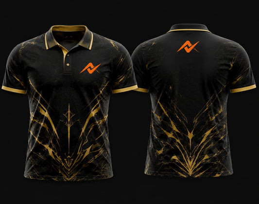Black and gold Mobile Legends polo collar esports jersey with front and back views featuring premium gaming design and customizable team branding.