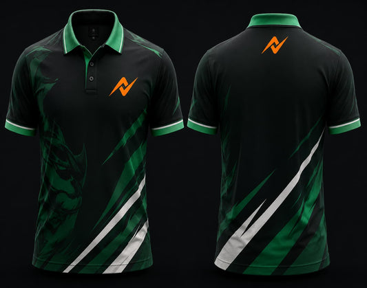 Front and back view of a black and green Mobile Legends polo collar esports jersey featuring an orange team logo on the left chest and below the back collar.