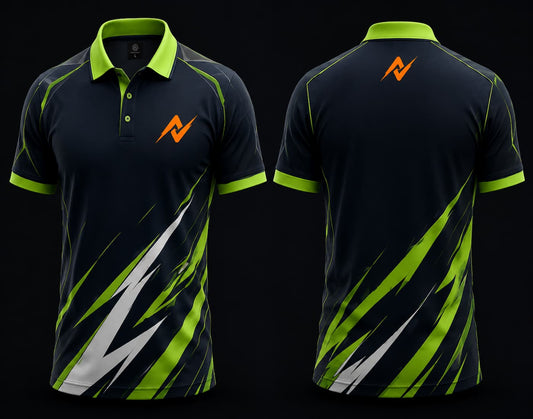 Front and back view of a black and lime green Mobile Legends polo collar esports jersey featuring an orange team logo on the left chest and below the back collar with dynamic lightning graphics.