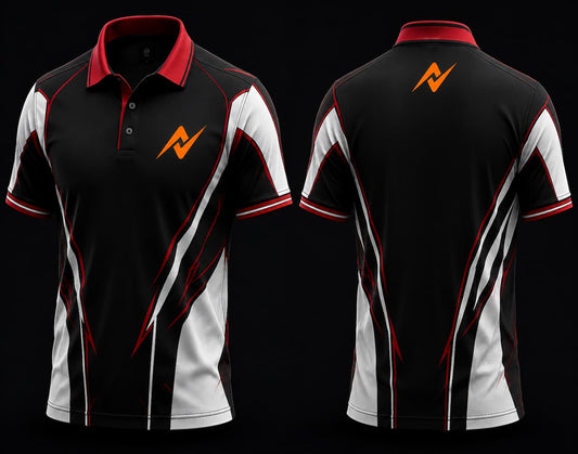 Front and back view of a black, red, and white Mobile Legends polo collar esports jersey featuring an orange team logo on the left chest and below the back collar with dynamic angular graphics.