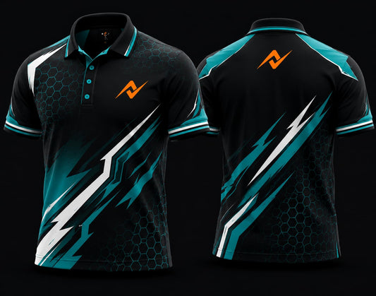 Front and back view of a black and teal Mobile Legends polo collar esports jersey featuring hexagon textures, teal lightning graphics, an orange logo on the left chest, and the same logo below the back collar.
