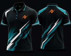 Front and back view of a black and teal Mobile Legends polo collar esports jersey featuring hexagon textures, teal lightning graphics, an orange logo on the left chest, and the same logo below the back collar.
