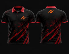 Front and back view of a black and crimson red Mobile Legends polo collar esports jersey featuring claw-inspired graphics with an orange logo on the left chest and upper back.