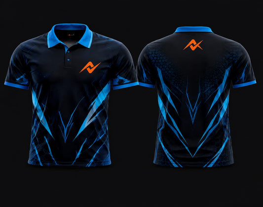 Front and back view of a black and electric blue Mobile Legends polo collar esports jersey featuring futuristic lightning graphics with an orange logo on the chest and upper back.