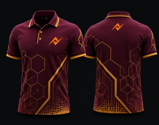 Front and back view of a maroon and gold Mobile Legends polo collar esports jersey featuring an orange team logo on the left chest and below the back collar with geometric hexagon graphics.