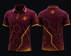 Front and back view of a maroon and gold Mobile Legends polo collar esports jersey featuring an orange team logo on the left chest and below the back collar with geometric hexagon graphics.