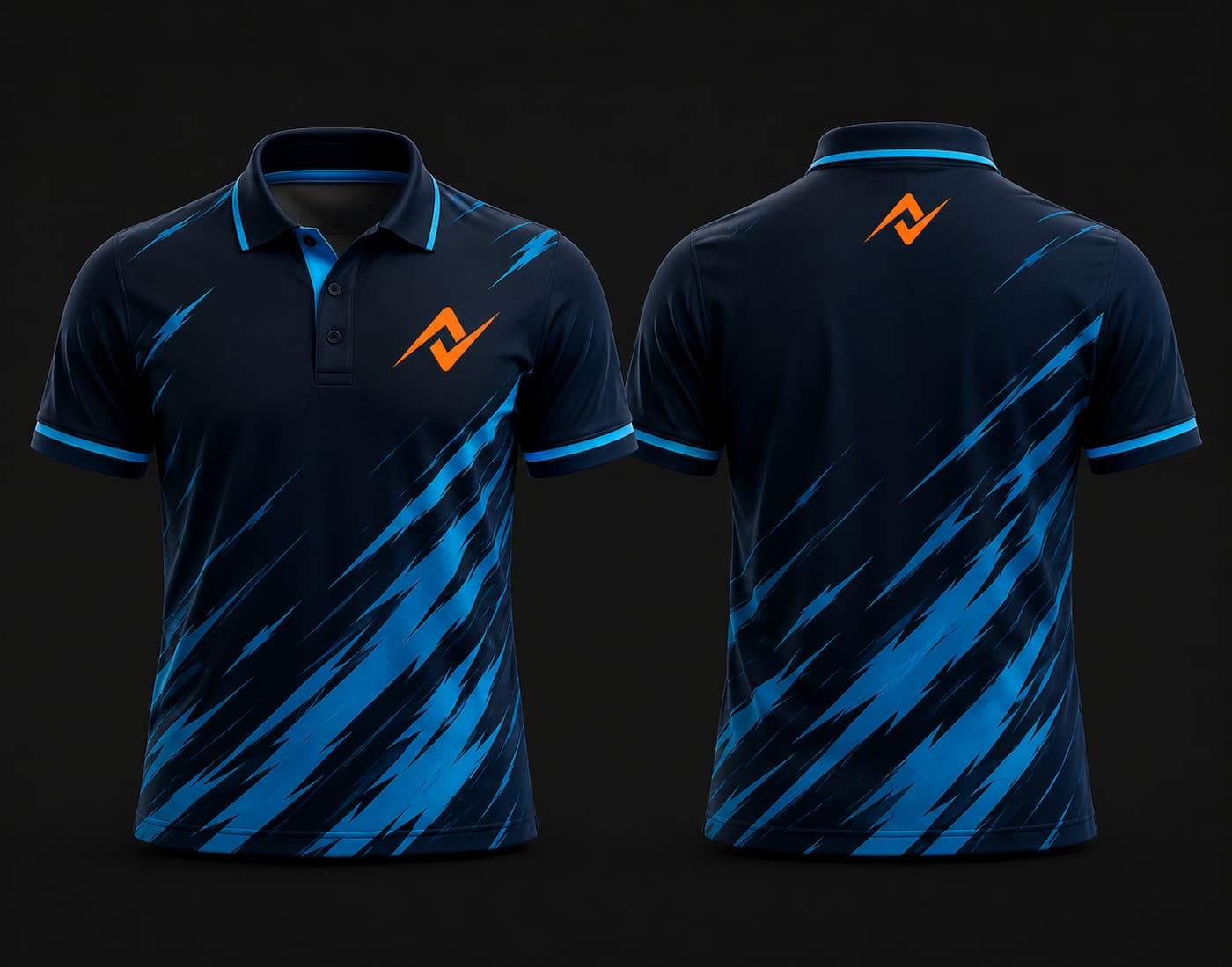 Navy blue Mobile Legends polo collar esports jersey with electric blue lightning pattern, custom orange logo on the left chest and below the back collar, front and back mockup.