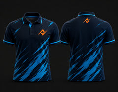 Navy blue Mobile Legends polo collar esports jersey with electric blue lightning pattern, custom orange logo on the left chest and below the back collar, front and back mockup.
