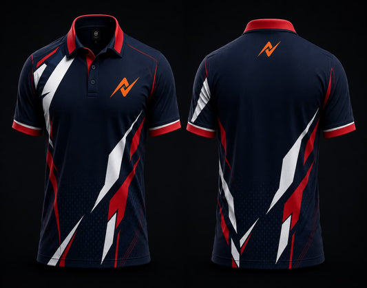 Front and back view of a navy blue, red and white Mobile Legends polo collar esports jersey with orange team logo on the chest and back below the collar.