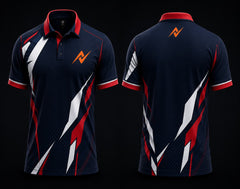Front and back view of a navy blue, red and white Mobile Legends polo collar esports jersey with orange team logo on the chest and back below the collar.