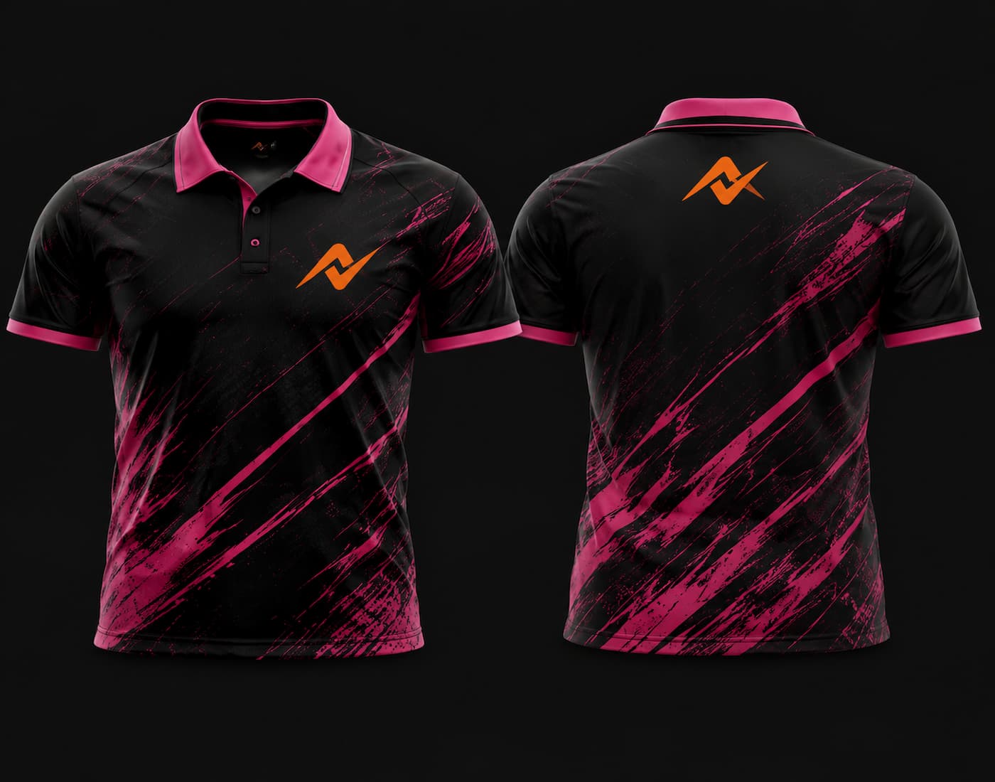 Front and back view of a black and neon pink Mobile Legends polo collar esports jersey featuring dynamic brushstroke graphics with an orange team logo on the left chest and upper back.