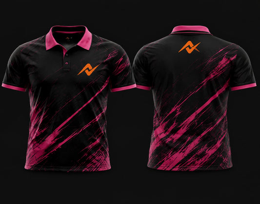 Front and back view of a black and neon pink Mobile Legends polo collar esports jersey featuring dynamic brushstroke graphics with an orange team logo on the left chest and upper back.
