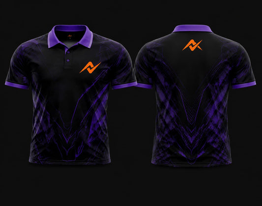 Front and back view of a black and purple Mobile Legends polo collar esports jersey featuring futuristic cyber graphics with an orange logo on the left chest and upper back.