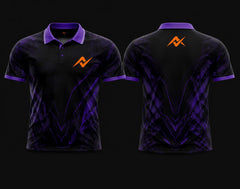 Front and back view of a black and purple Mobile Legends polo collar esports jersey featuring futuristic cyber graphics with an orange logo on the left chest and upper back.