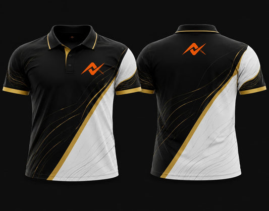 Front and back view of a black, white, and gold Mobile Legends polo collar esports jersey featuring elegant diagonal graphics with an orange team logo on the left chest and upper back.