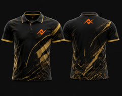 Front and back view of a black and gold Mobile Legends polo collar esports jersey featuring premium abstract gold graphics with an orange logo on the left chest and upper back.