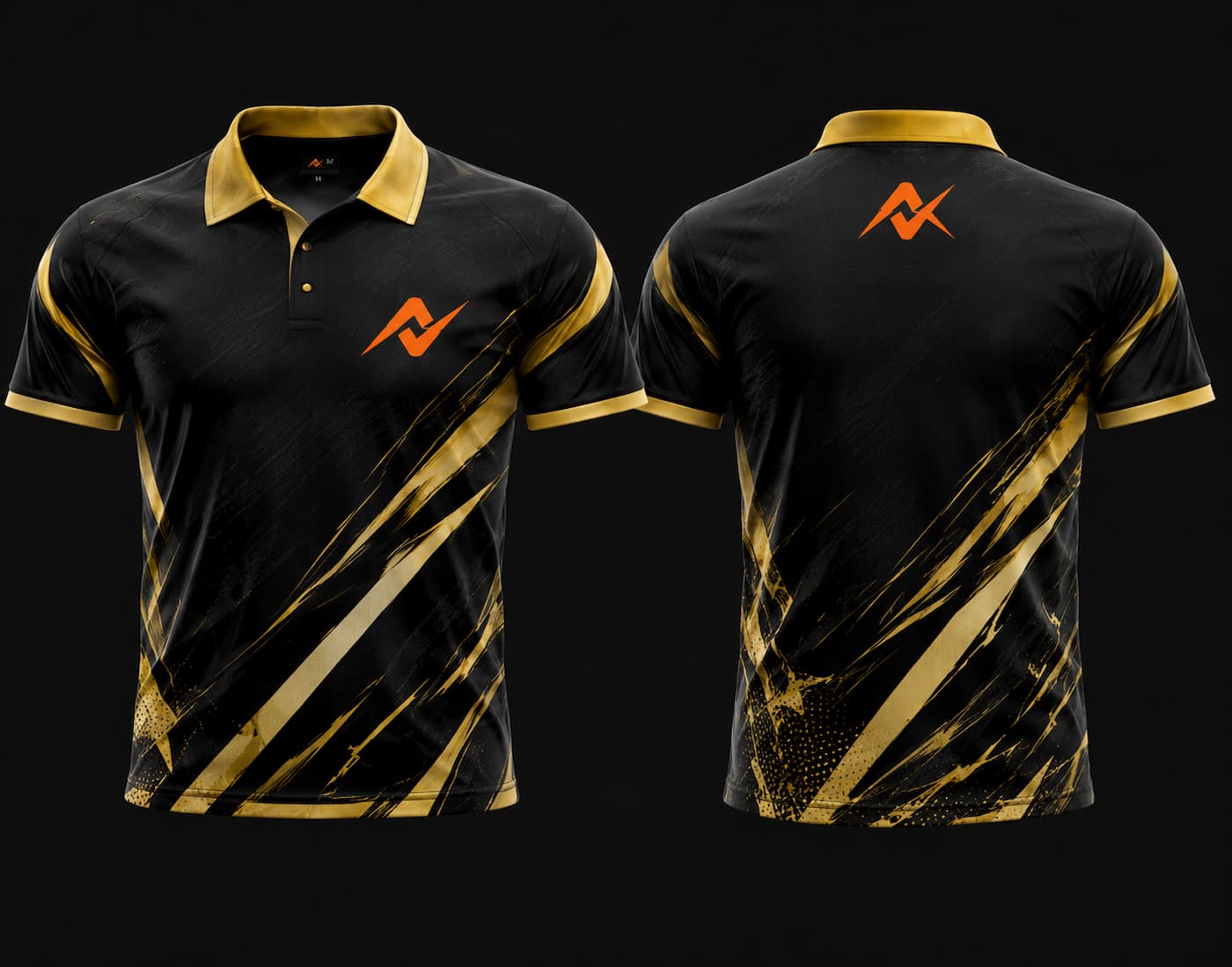 Front and back view of a black and gold Mobile Legends polo collar esports jersey featuring gold brushstroke graphics with an orange logo on the left chest and upper back.