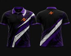 Front and back view of a black, purple, and white Mobile Legends polo collar esports jersey featuring bold diagonal brushstroke graphics with an orange team logo on the left chest and upper back.