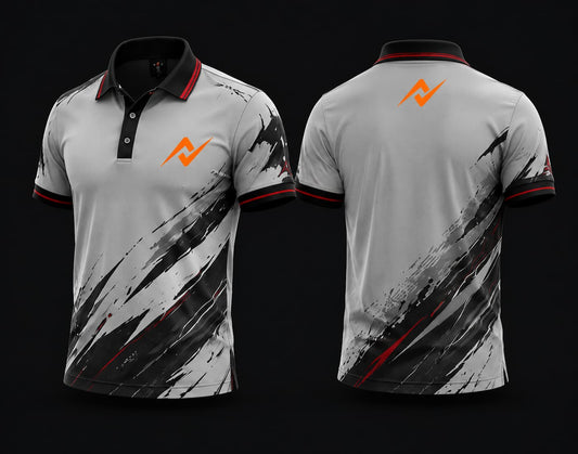 Front and back view of a silver and black Mobile Legends polo collar esports jersey featuring an orange team logo on the left chest and below the back collar with bold brush-stroke graphics.