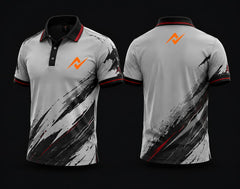 Front and back view of a silver and black Mobile Legends polo collar esports jersey featuring an orange team logo on the left chest and below the back collar with bold brush-stroke graphics.